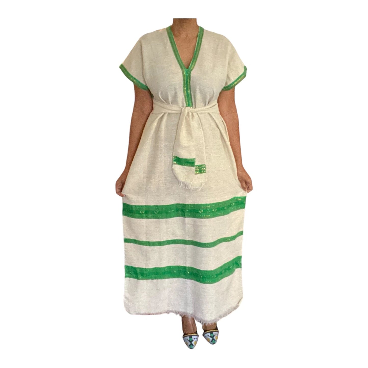 Traditional Ethiopian Habesha Kemis – White & Green Tibeb Dress