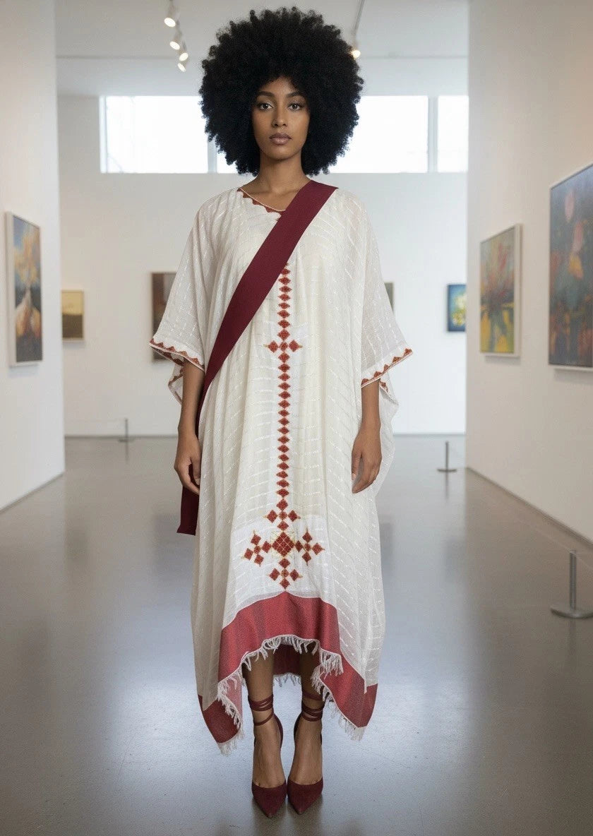 Traditional Ethiopian Habesha Kemis – White with Red Tibeb Border