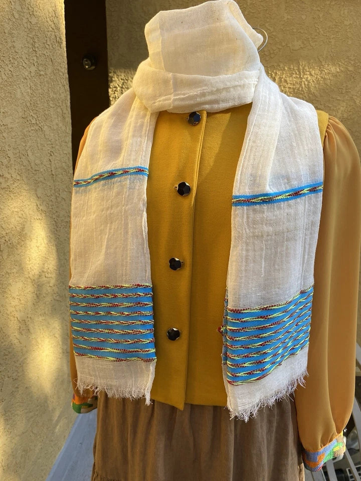 Beige & Blue Tibeb Pattern - Ethiopian Handwoven Cotton Scarf