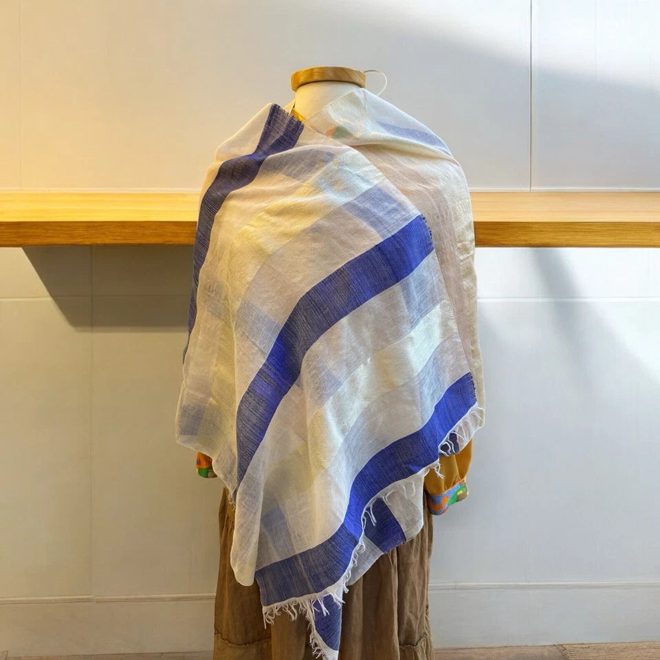 Cream & Blue Border Classic Ethiopian Netela Cotton Scarf