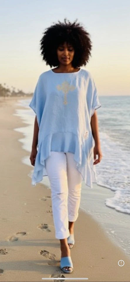 Italian Linen And Cotton Top With Ethiopian Cross Design
