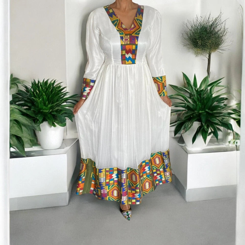 Luxury Traditional Ethiopian Dress – White with Colorful Embroidery