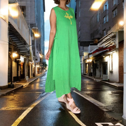 SARA Italian Linen Dress with Ethiopian Cross | One Size Women's Cultural Midi Dress