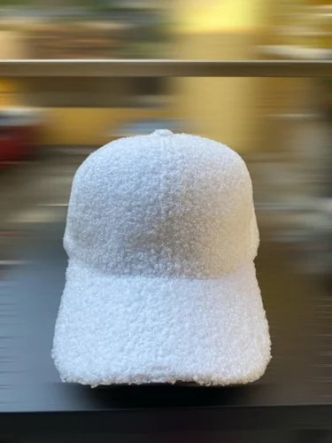 White Faux Fur Baseball Cap | Women's Plush Winter Hat | One Size Dad Cap