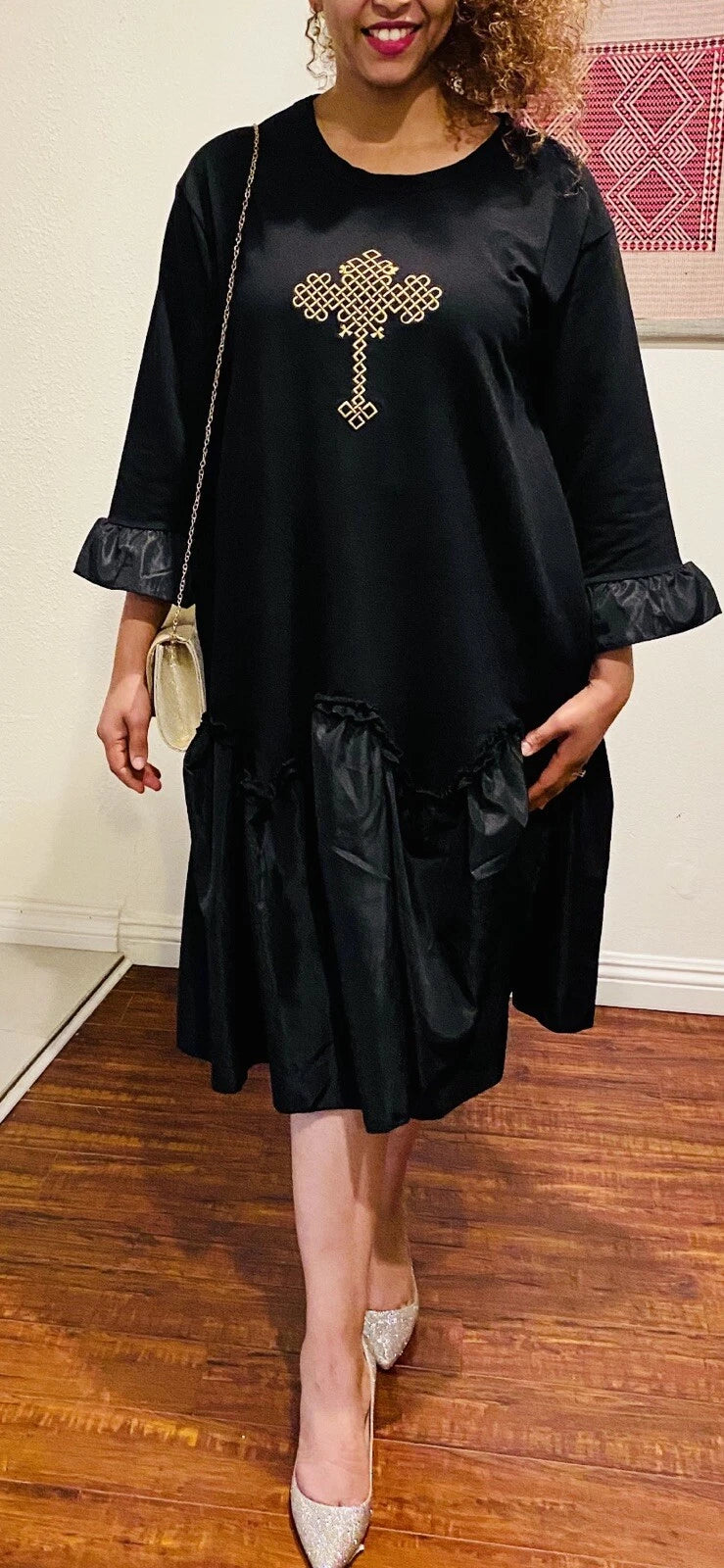 Women's Ethiopian Cross Cotton Midi Dress – Black