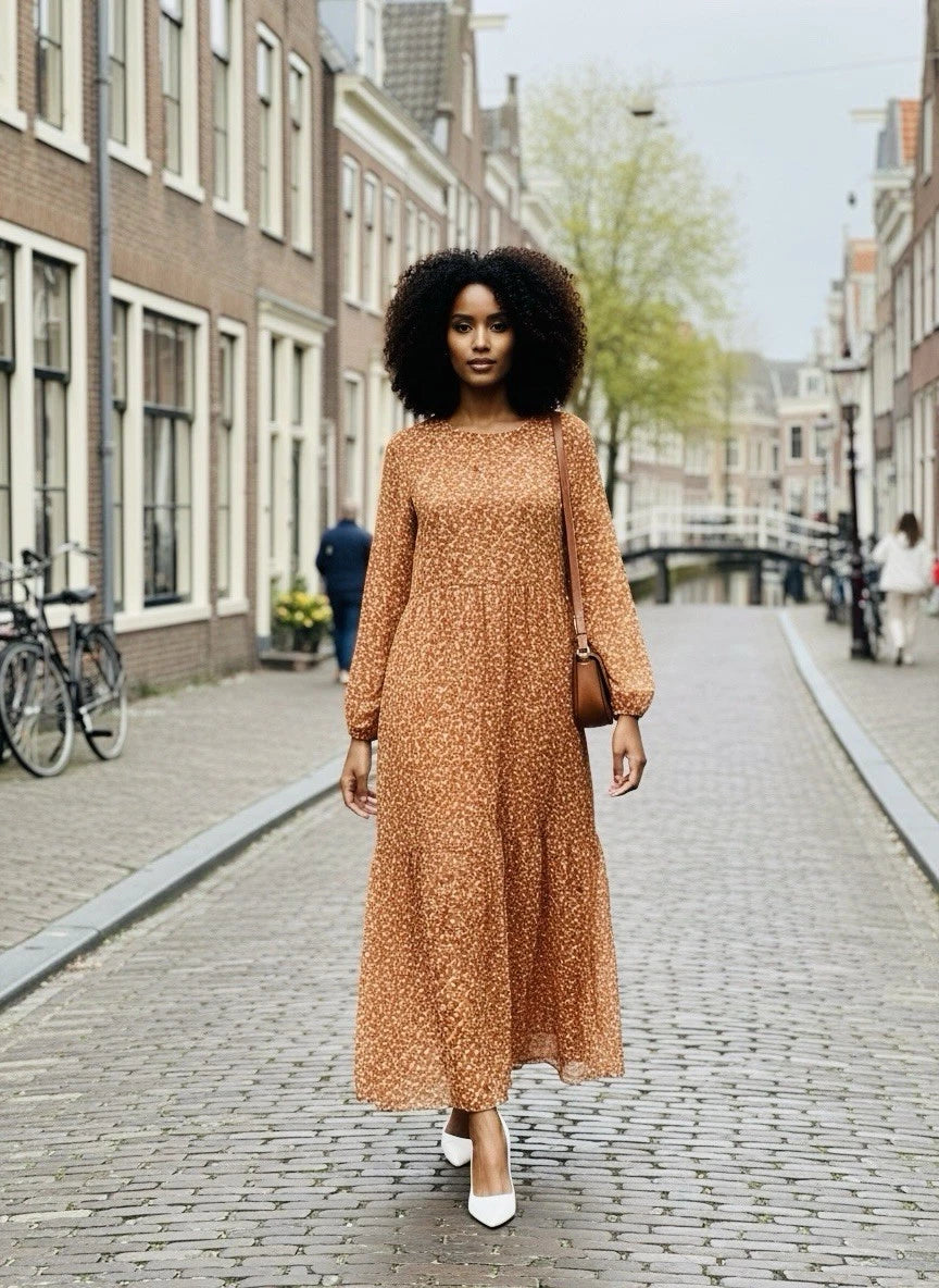 Made in Italy Long Sleeve Maxi Dress – Camel Brown