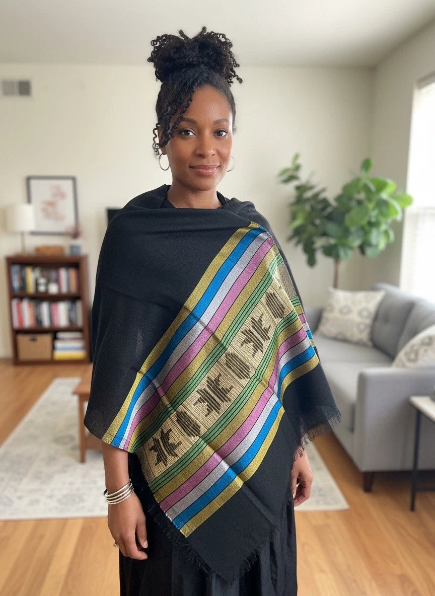 Handwoven Ethiopian Cross Embroidered Cotton Scarf – Black