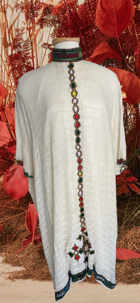 Traditional Ethiopian Habesha Kemis Dress – White with Colorful Tibeb Embroidery