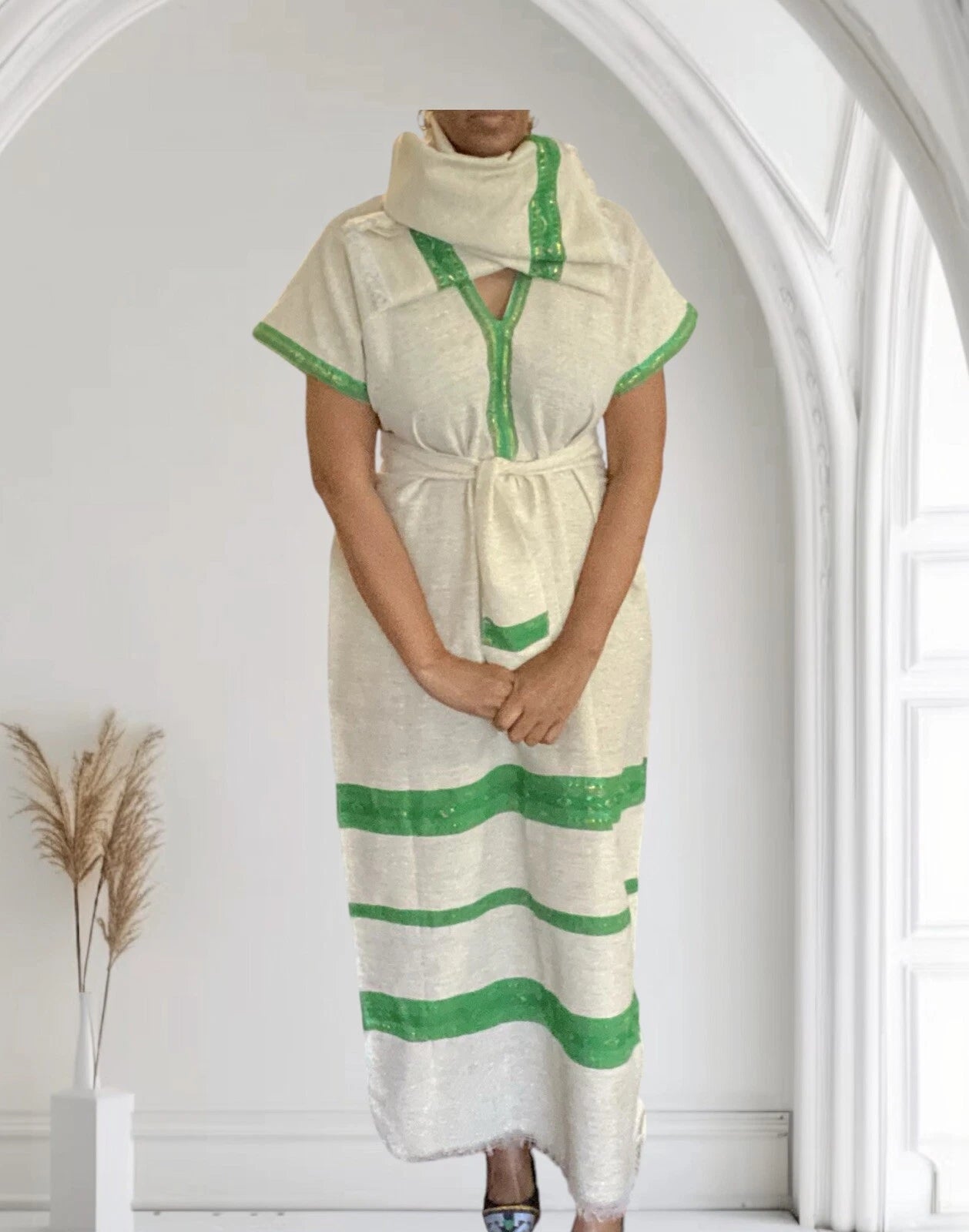 Traditional Ethiopian Habesha Kemis – White & Green Tibeb Dress