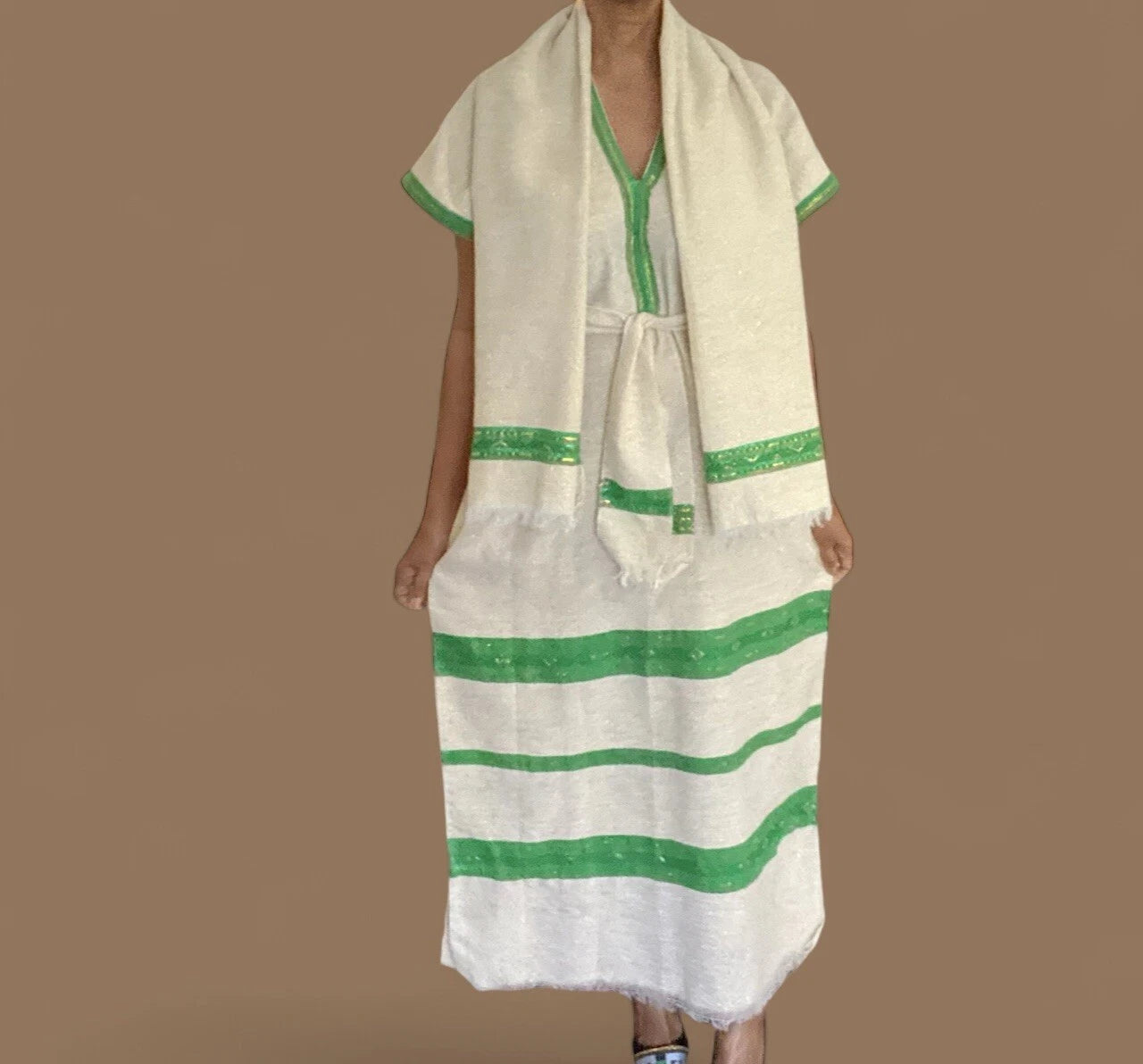 Traditional Ethiopian Habesha Kemis – White & Green Tibeb Dress