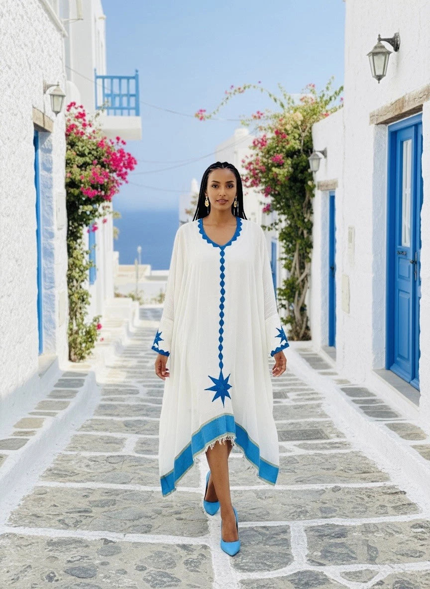 Ethiopian Habesha Kemis – White with Blue Tibeb Embroidery
