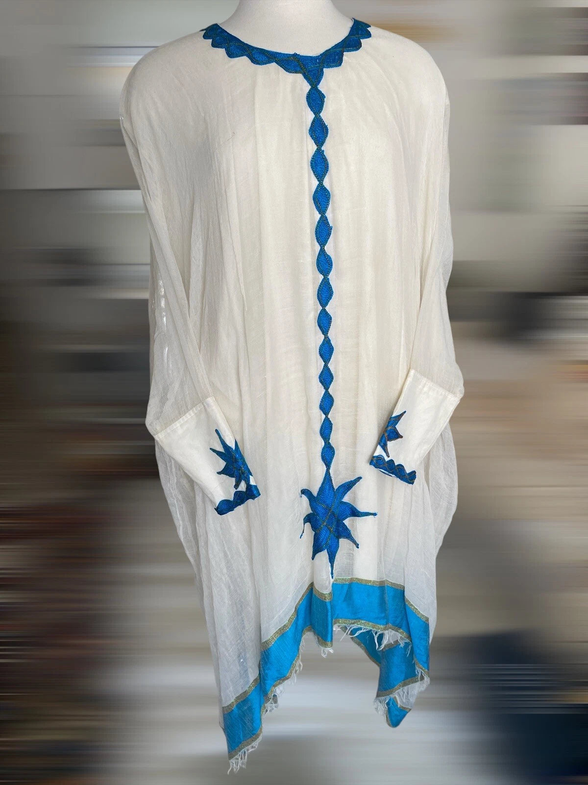 Ethiopian Habesha Kemis – White with Blue Tibeb Embroidery