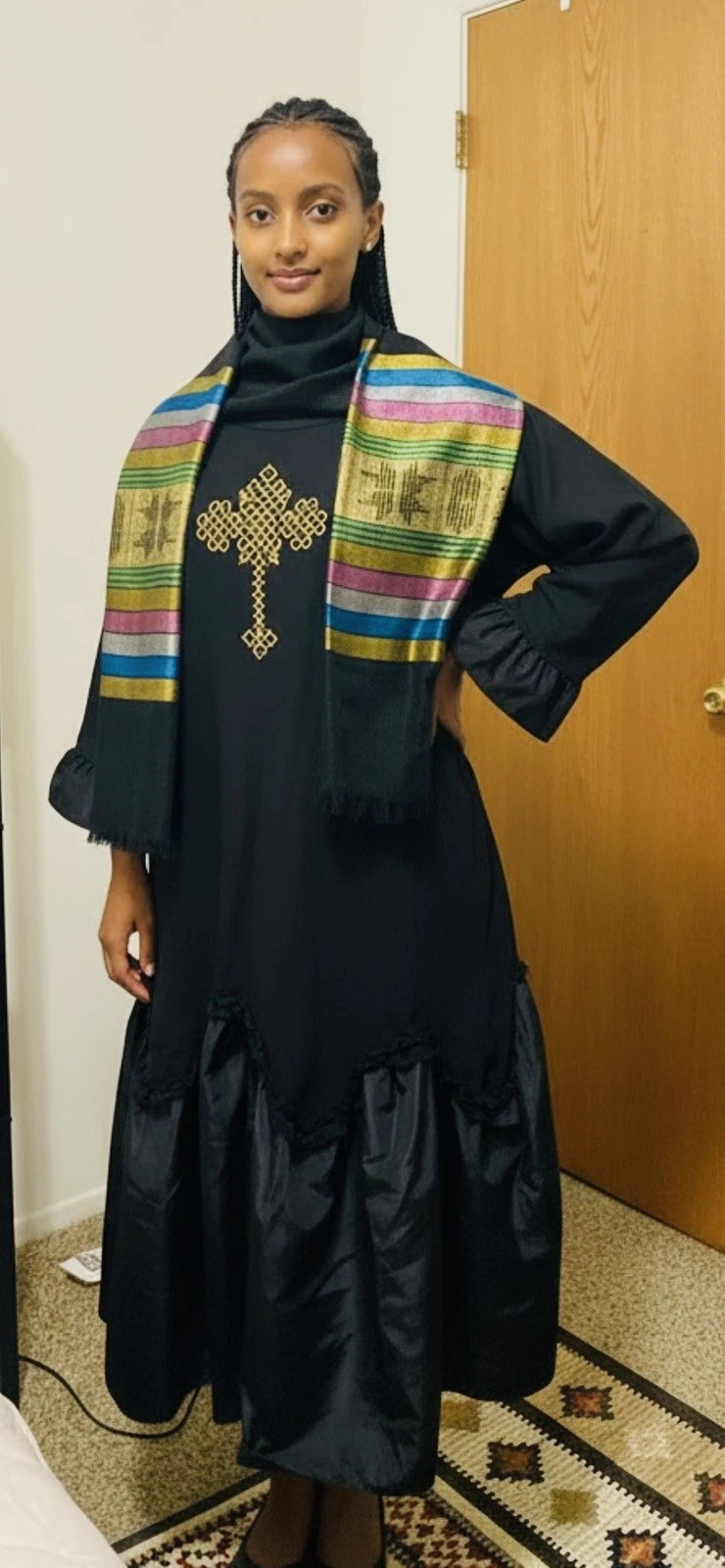 Handwoven Ethiopian Cross Embroidered Cotton Scarf – Black