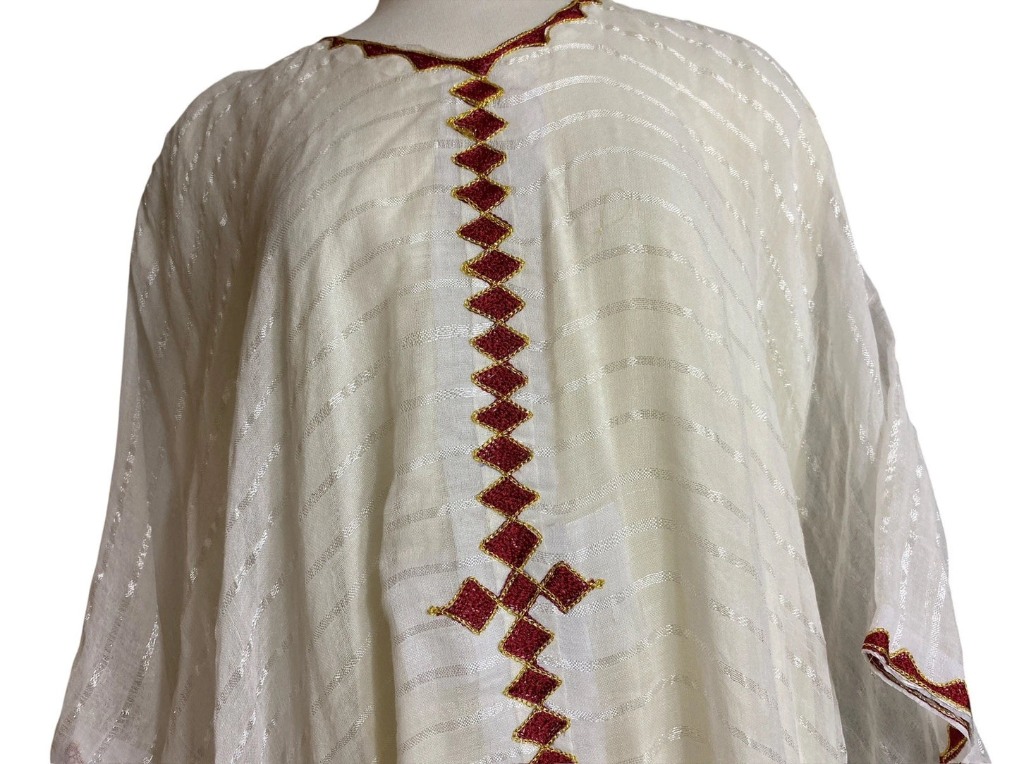 Traditional Ethiopian Habesha Kemis – White with Red Tibeb Border