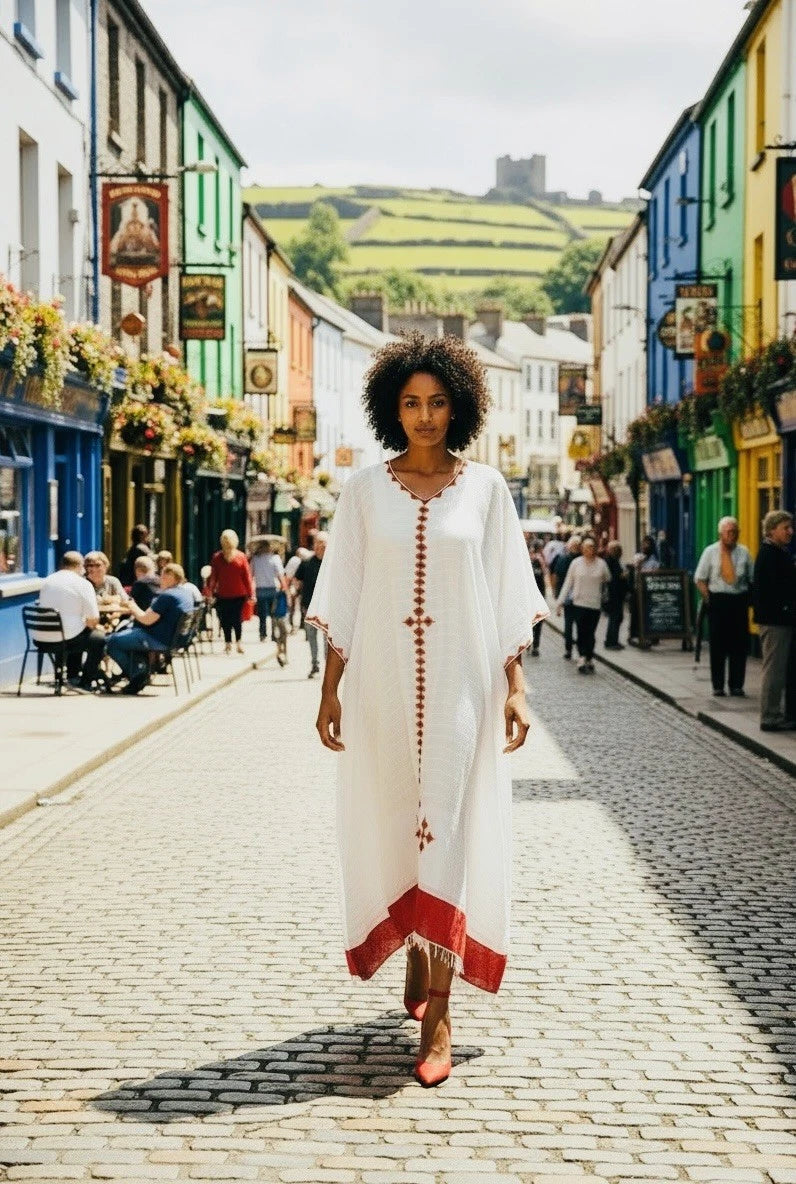 Traditional Ethiopian Habesha Kemis – White with Red Tibeb Border