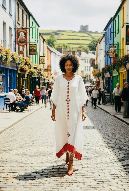 Traditional Ethiopian Habesha Kemis – White with Red Tibeb Border