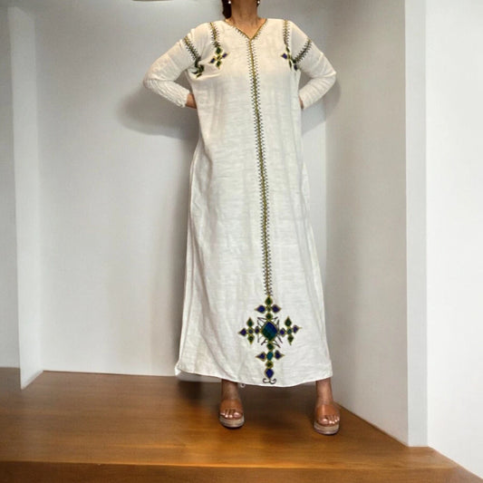 Traditional Habesha Kemis – White with Green Cross Embroidery