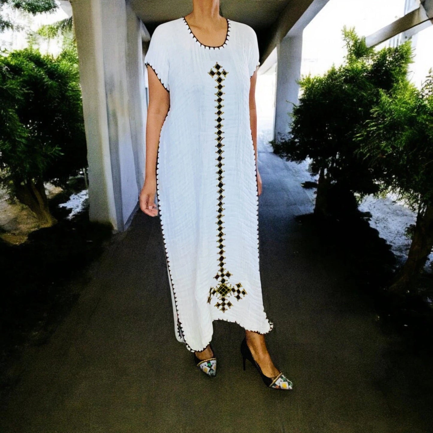 Traditional Ethiopian Habesha Kemis – White with Black & Gold Tibeb
