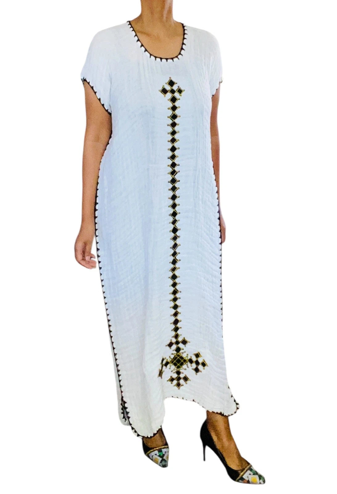 Traditional Ethiopian Habesha Kemis – White with Black & Gold Tibeb