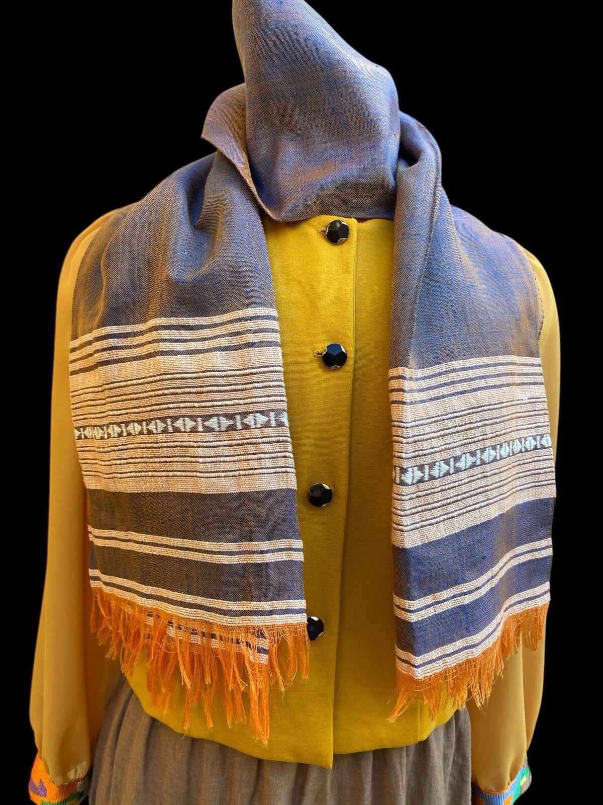 Handwoven Ethiopian Cotton Shawl – Gray with Orange Fringe