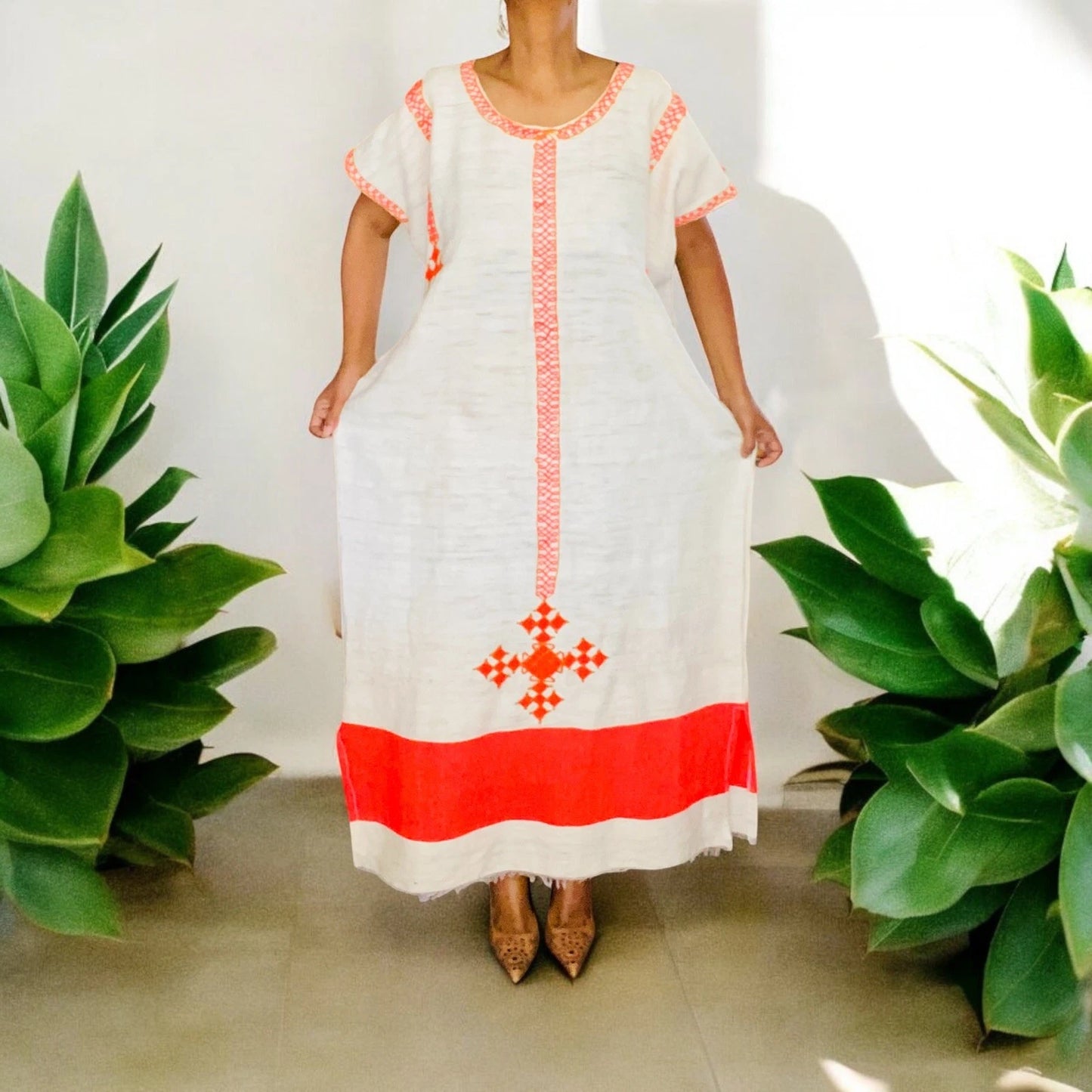 Traditional Ethiopian Dress – Orange Tibeb Sleeveless Kemis