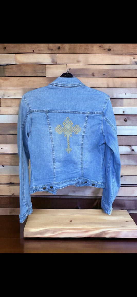 M Ethiopian cross design art denim jacket