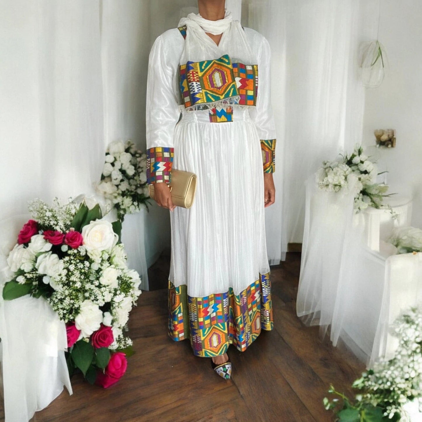 Luxury Traditional Ethiopian Dress – White with Colorful Embroidery