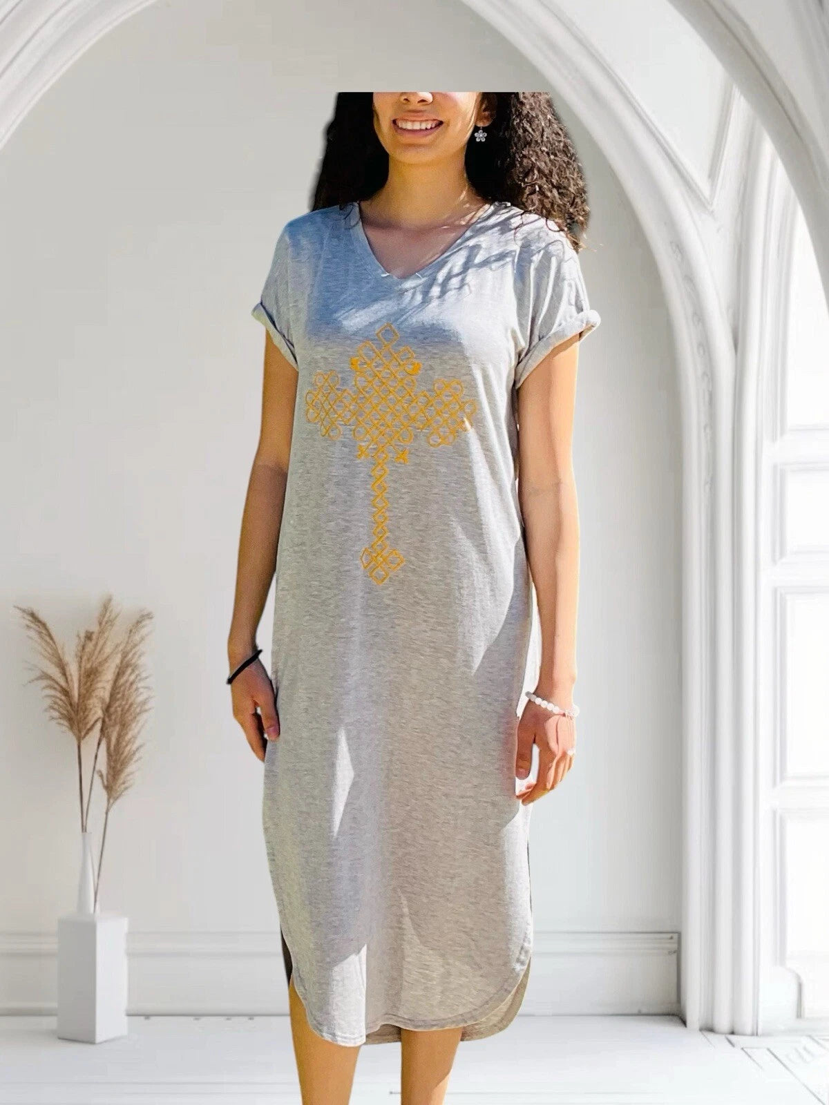 Women's Gray Cotton Dress with Ethiopian Cross Design