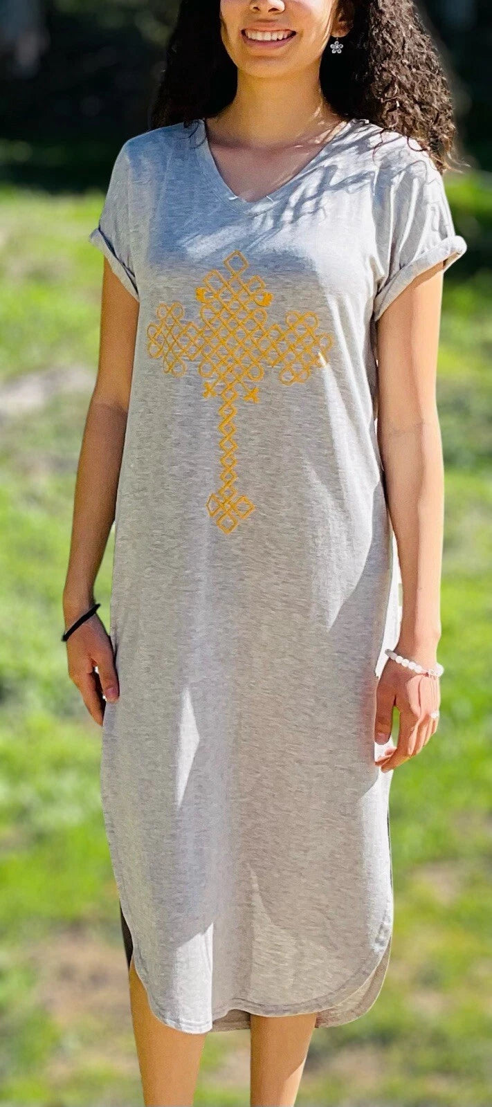 Women's Gray Cotton Dress with Ethiopian Cross Design