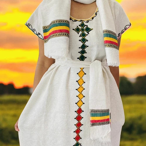 Traditional Ethiopian Dress – Multicolor Tibeb Habesha Kemis