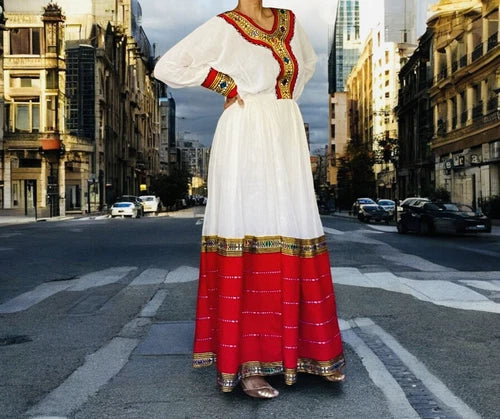 Premium Ethiopian Traditional Dress – Red Tiered Habesha Kemis