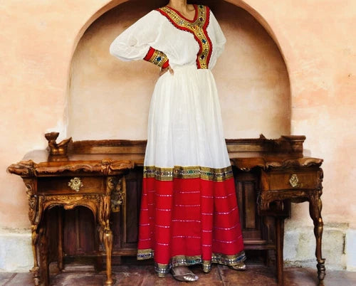 Premium Ethiopian Traditional Dress – Red Tiered Habesha Kemis