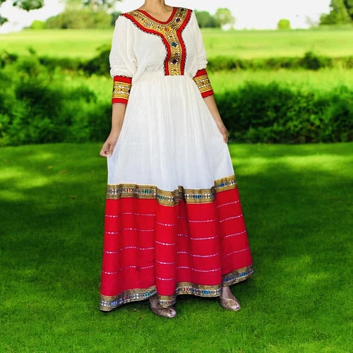 Premium Ethiopian Traditional Dress – Red Tiered Habesha Kemis