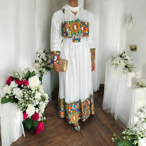 Luxury Traditional Ethiopian Dress – White with Colorful Embroidery