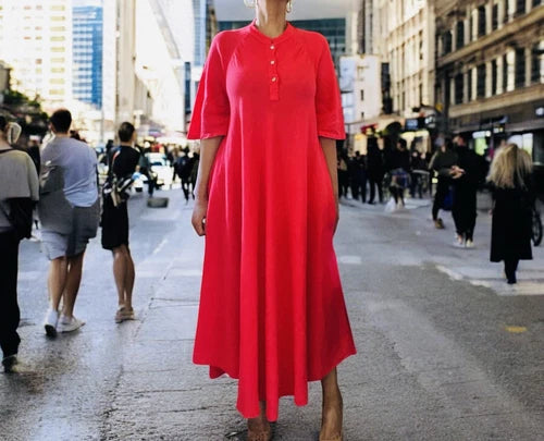 Made in Italy Flowing Linen Maxi Dress – Crimson Red