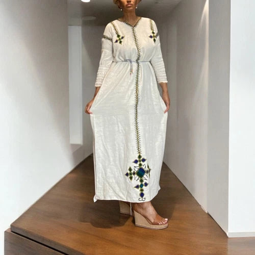 Traditional Habesha Kemis – White with Green Cross Embroidery