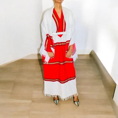 Traditional Ethiopian Dress – Red Tibeb Habesha Kemis