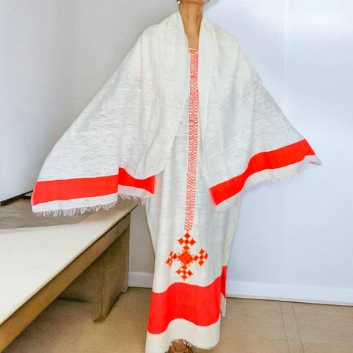 Traditional Ethiopian Dress – Orange Tibeb Sleeveless Kemis