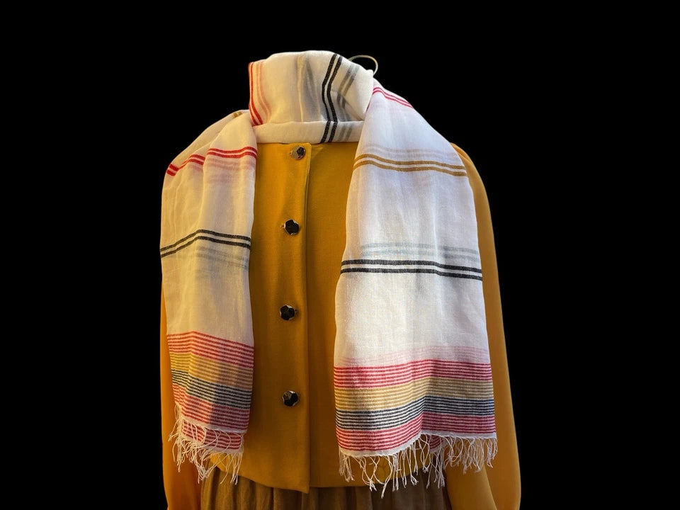 Traditional Ethiopian Handwoven Cotton Scarf – Beige & Red Tibeb
