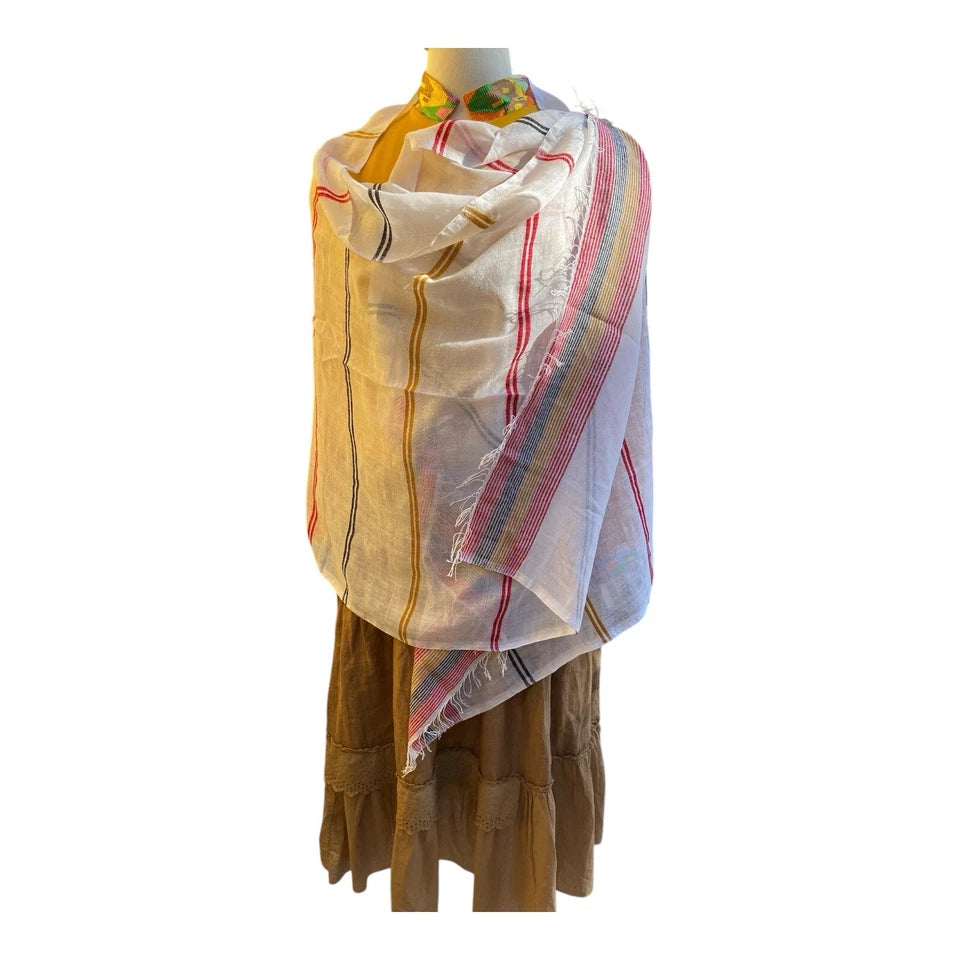 Traditional Ethiopian Handwoven Cotton Scarf – Beige & Red Tibeb