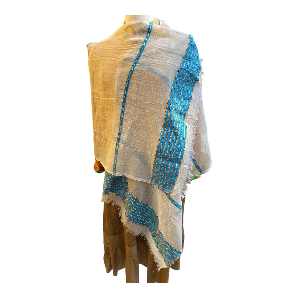 Beige & Blue Tibeb Pattern - Ethiopian Handwoven Cotton Scarf