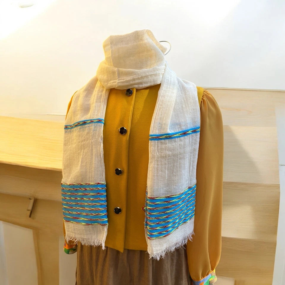 Beige & Blue Tibeb Pattern - Ethiopian Handwoven Cotton Scarf