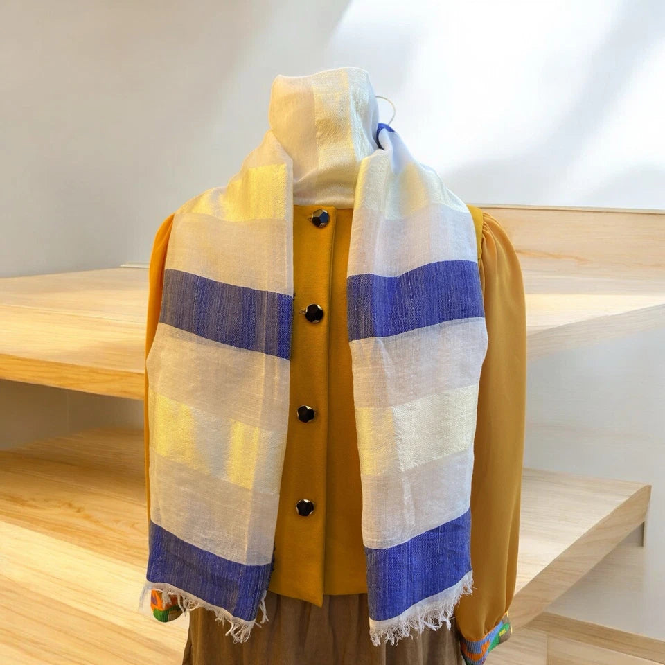 Cream & Blue Border Classic Ethiopian Netela Cotton Scarf