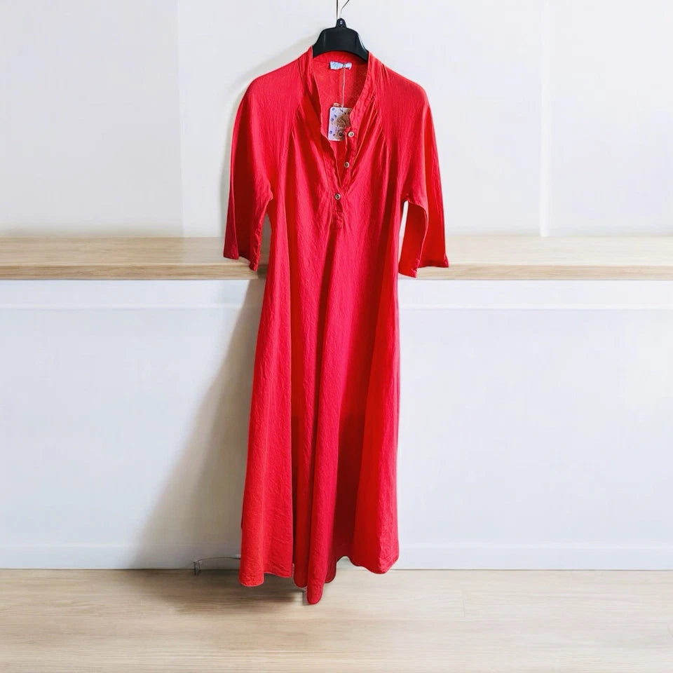 Made in Italy Flowing Linen Maxi Dress – Crimson Red