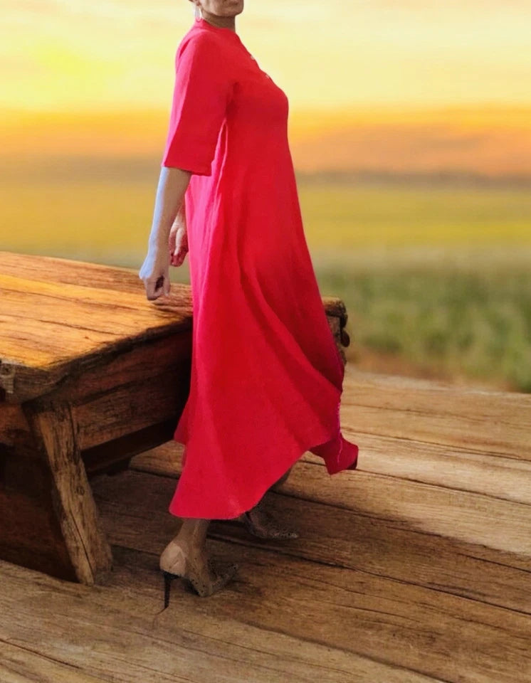 Made in Italy Flowing Linen Maxi Dress – Crimson Red