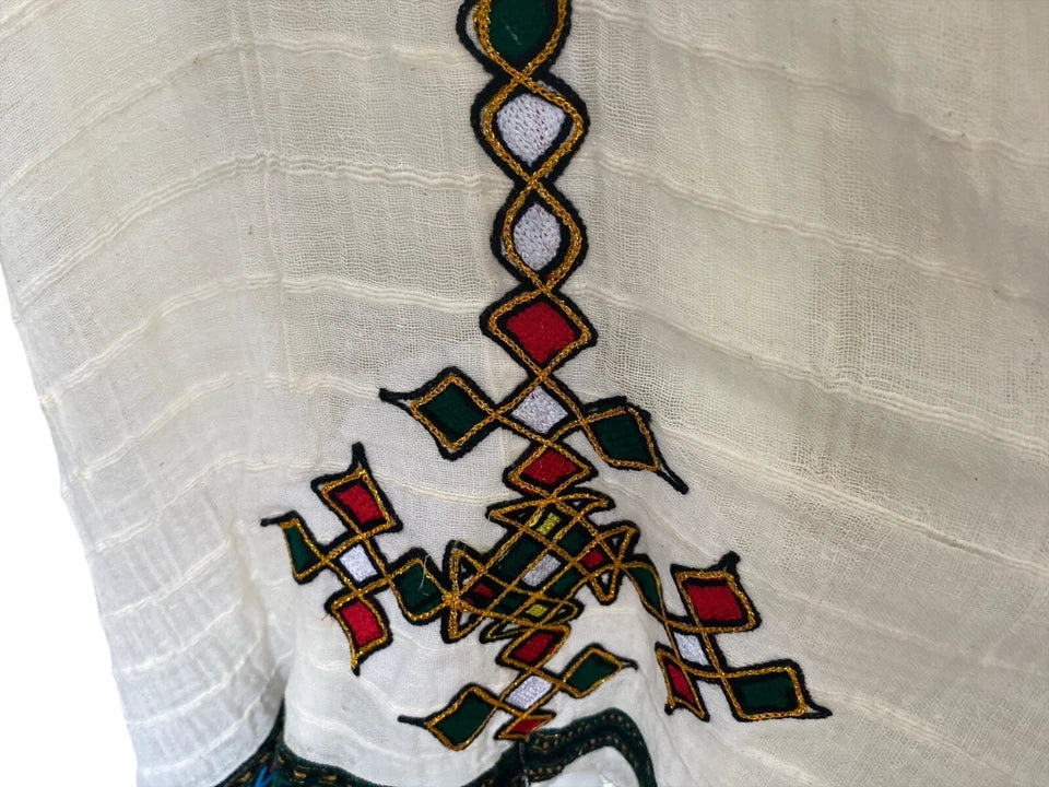 Traditional Ethiopian Habesha Kemis Dress – White with Colorful Tibeb Embroidery