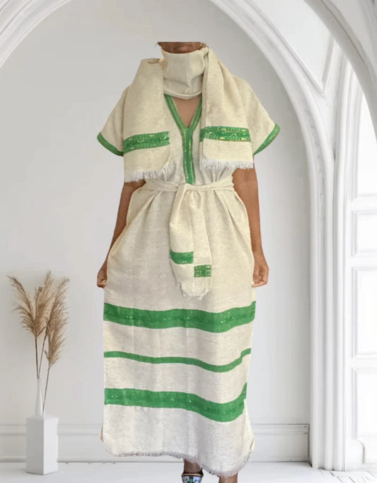 Traditional Ethiopian Habesha Kemis – White & Green Tibeb Dress