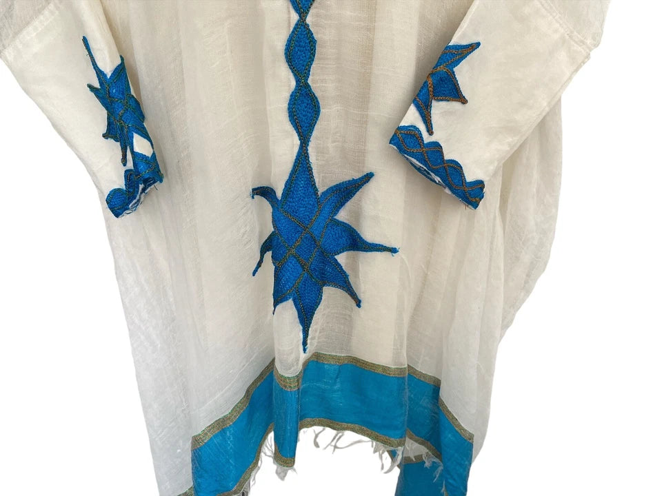 Ethiopian Habesha Kemis – White with Blue Tibeb Embroidery