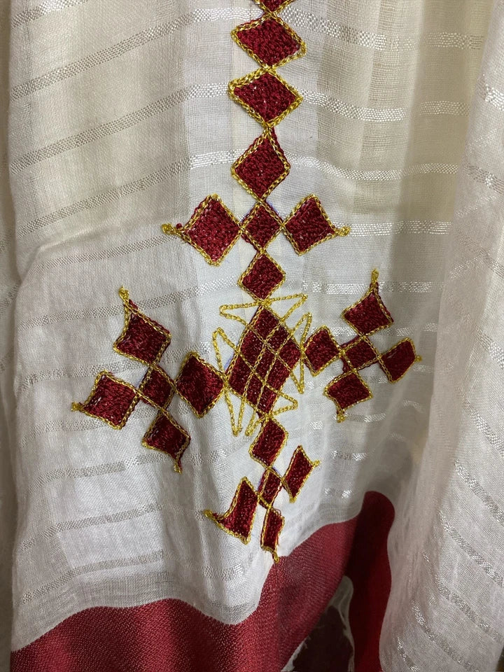 Traditional Ethiopian Habesha Kemis – White with Red Tibeb Border