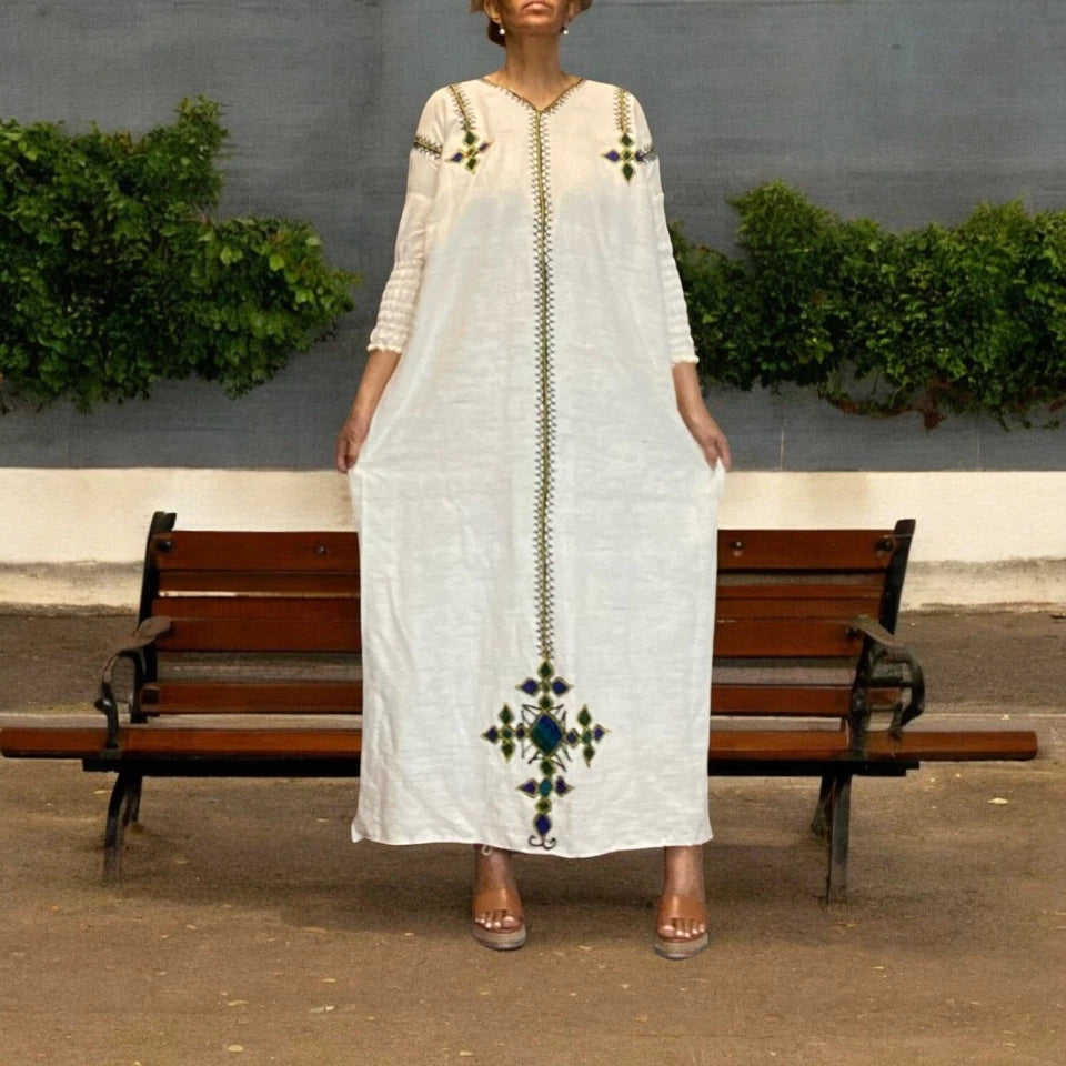 Traditional Habesha Kemis – White with Green Cross Embroidery